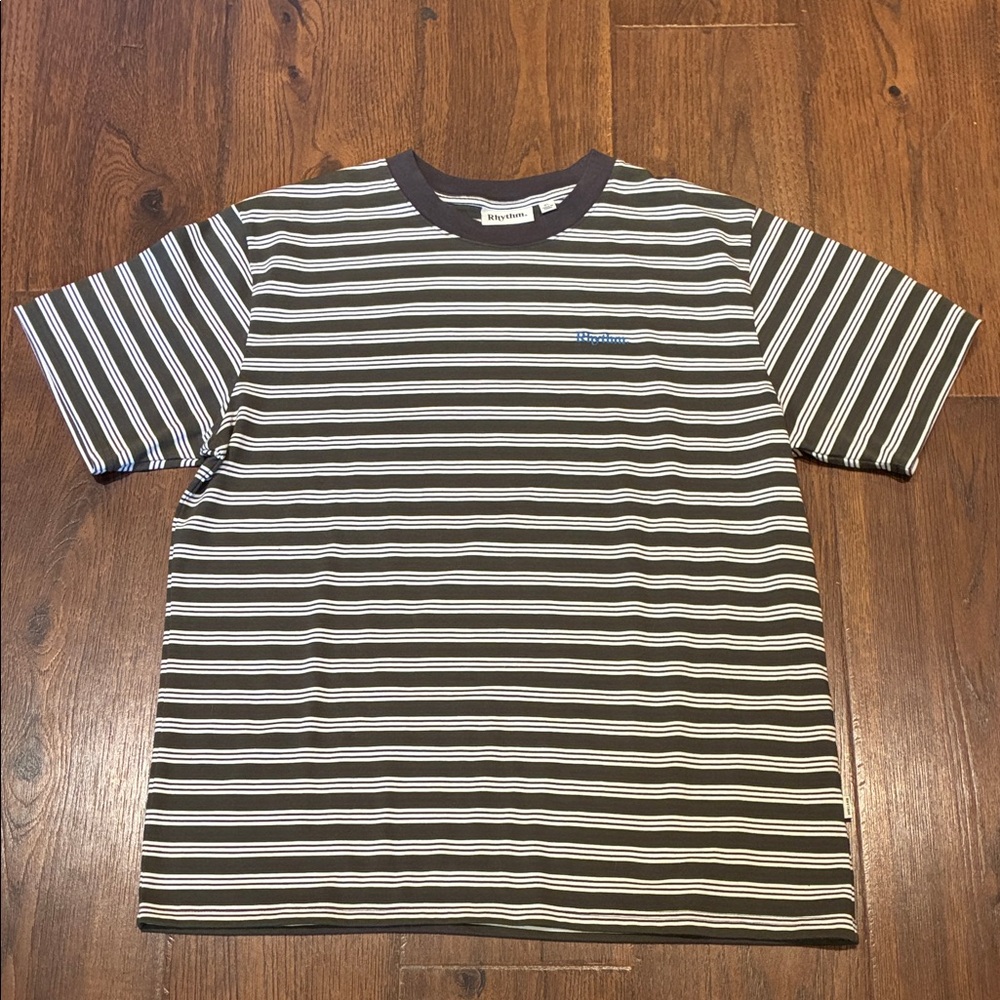 Rhythm Olive and White Striped Crewneck Tee